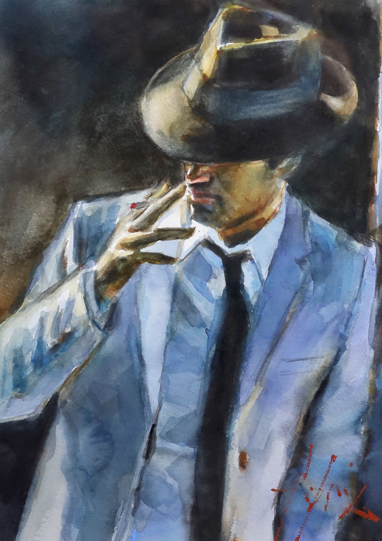 Fabian Perez (Argentinian, b.1967), 'Marcus with hat and cigarette', watercolour on paper, 40 x 29.5cm